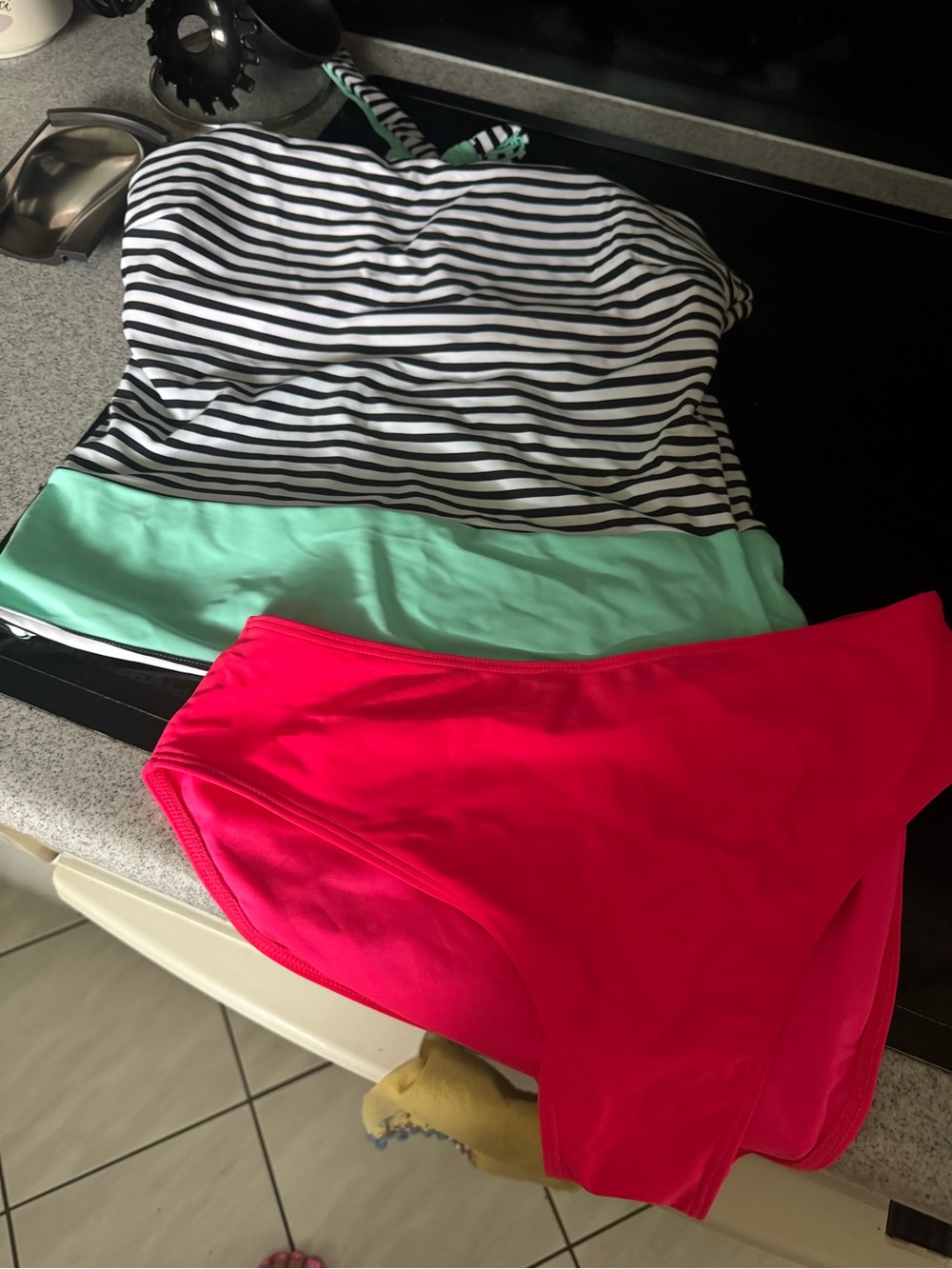 Striped Black & White One-Piece Tankini with Mint Band and Pink Bottoms